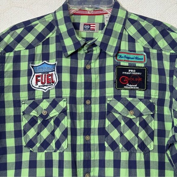 Phat Farm XL Plaid Racing Patch Shirt Neon Green Navy Streetwear 90s Y2K - Picture 2 of 13